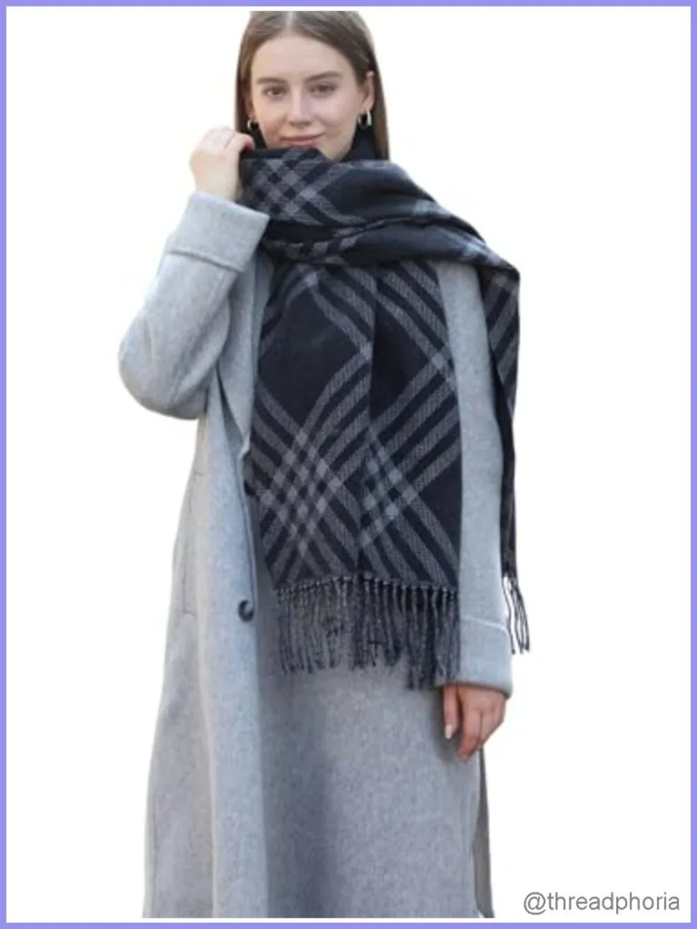 Oversized Plaid Reversible Scarf Shawl Wrap Cashmere-Feel Winter Fringe